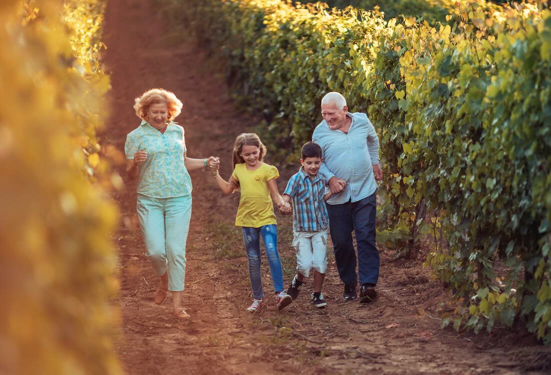 Grandparents with grandchildren running through a field 